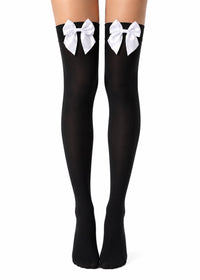 WHITE BOW BLACK THIGH HIGH STOCKINGS