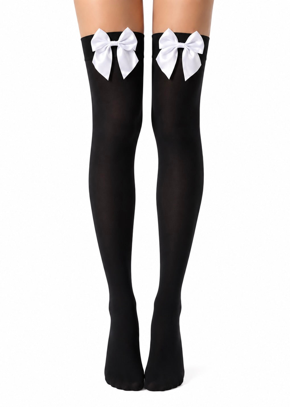 WHITE BOW BLACK THIGH HIGH STOCKINGS