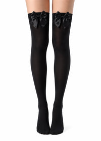 BLACK BOW BLACK OPAQUE THIGH HIGH STOCKINGS