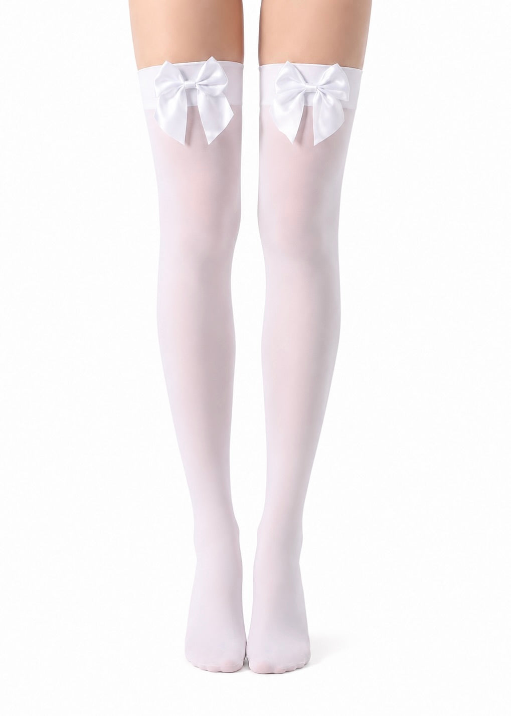 WHITE BOW WHITE OPAQUE THIGH HIGH STOCKINGS