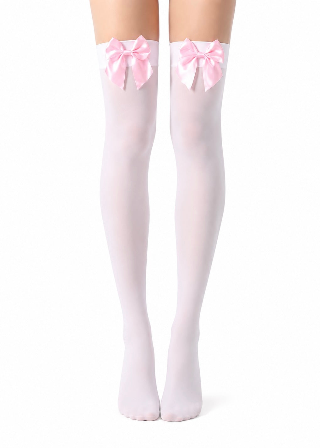 PINK BOW WHITE OPAQUE THIGH HIGH STOCKINGS