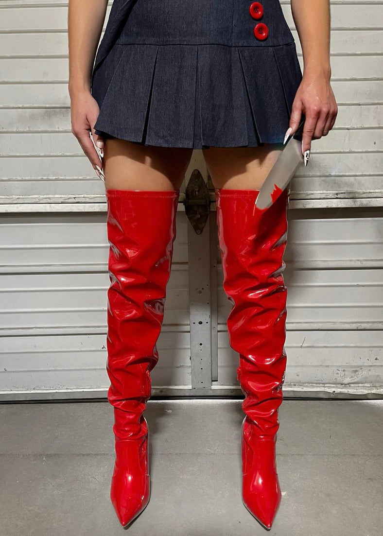 Patent leather thigh high boots outfit best sale