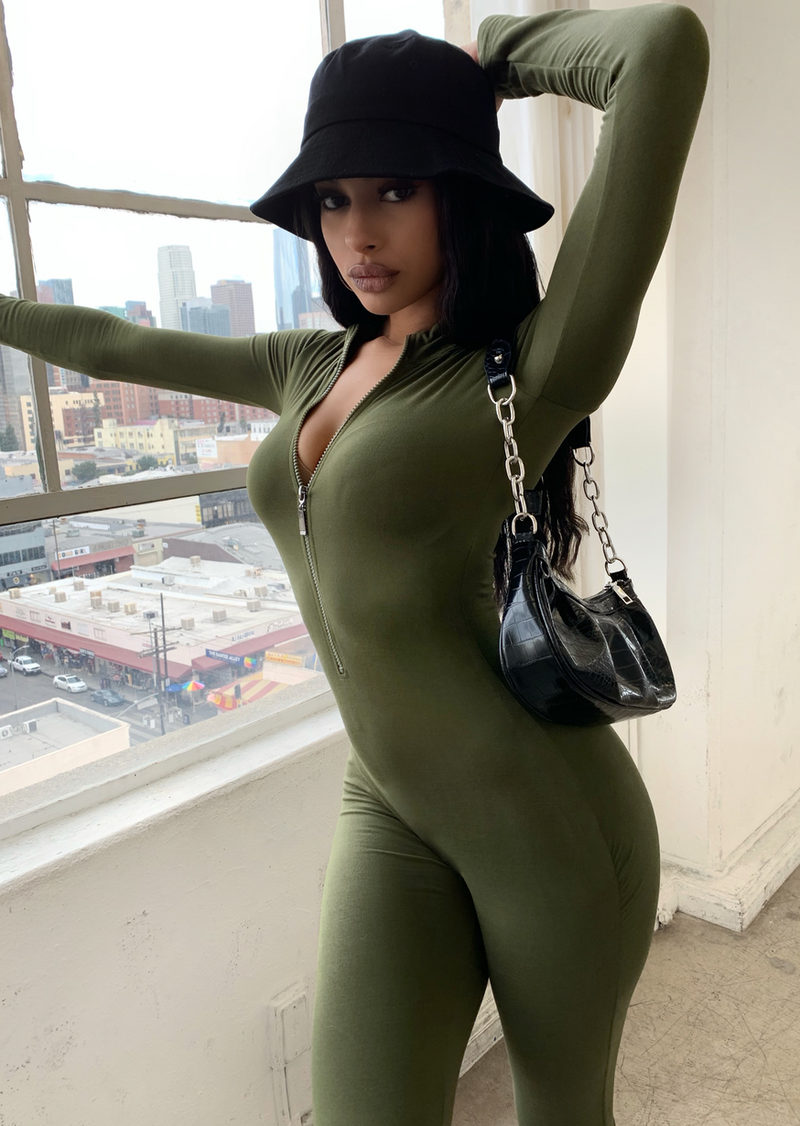RIDE OUT ZIPPER OLIVE STACKED JUMPSUIT