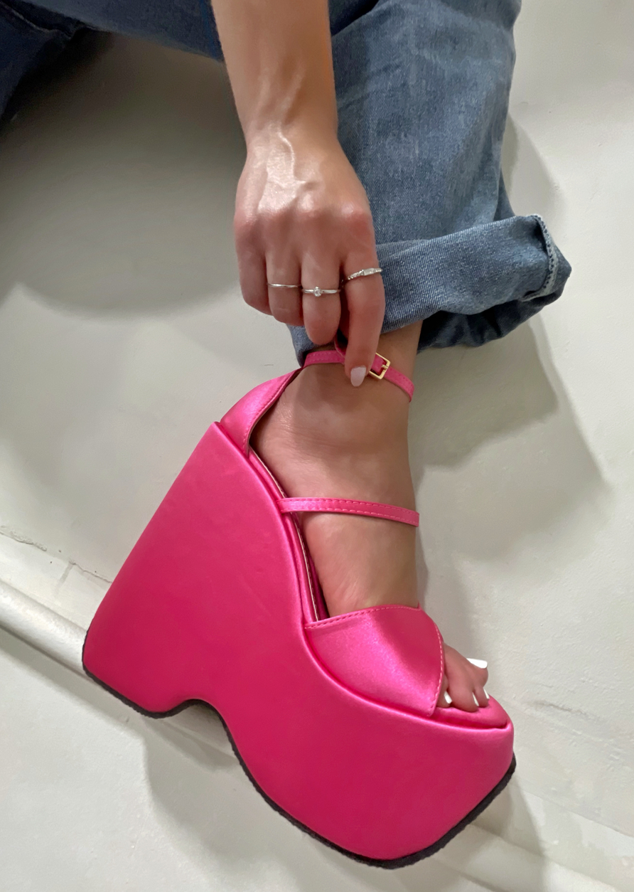 PINK SATIN WEDGE PLATFORM STRAPPY HEEL | LORLIE – Lorlie