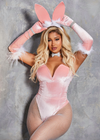Pink sexy velvet bunny bodysuit costume with ears, gloves and choker