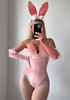 Body hugging deep-v pink sexy velvet bunny bodysuit costume 
