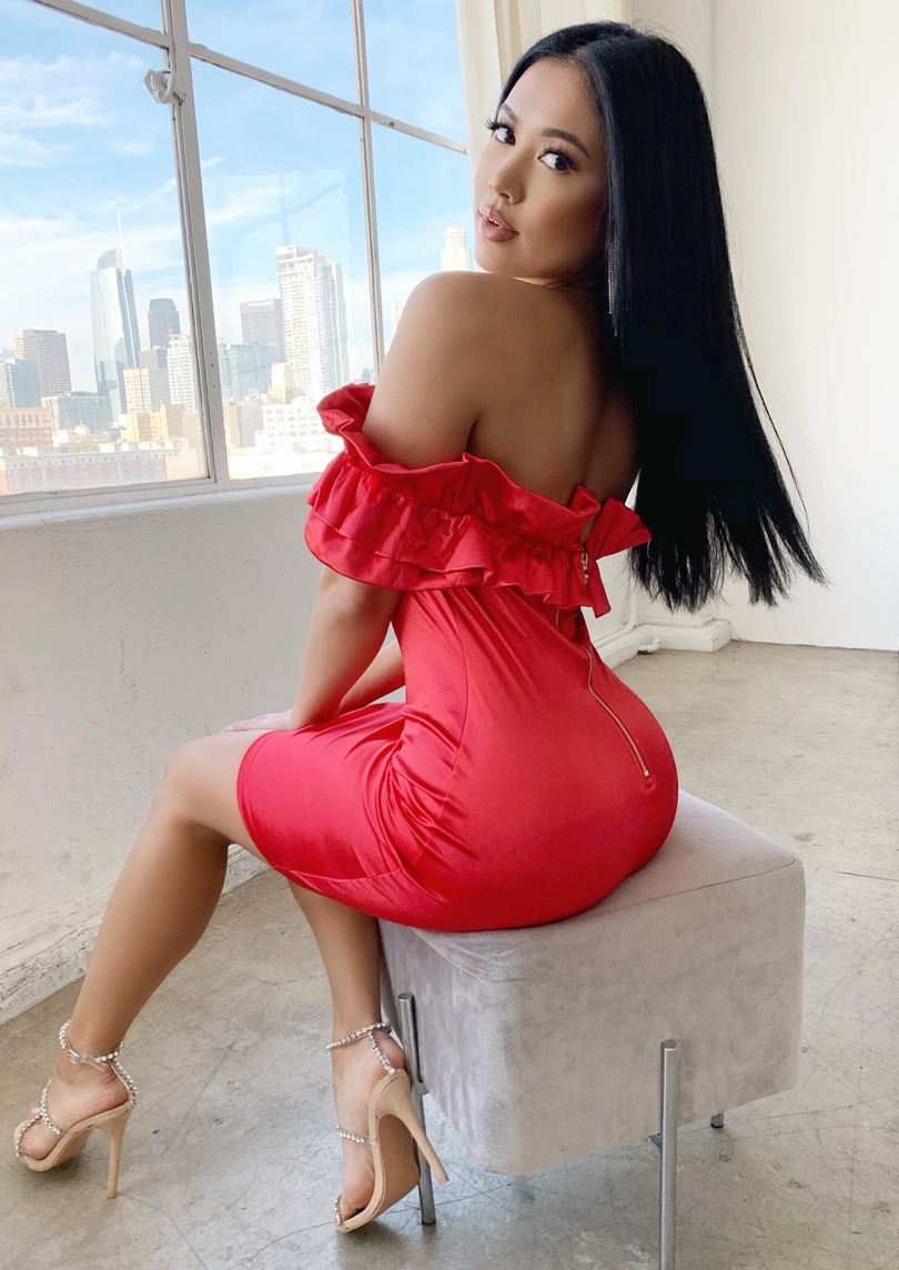OUT OF MY WAY SATIN RED RUFFLE DRESS