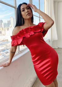 OUT OF MY WAY SATIN RED RUFFLE DRESS